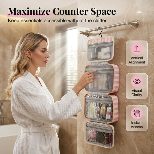 🌸Pruhovaná cestovná toaletná taška s uškom na zavesenie