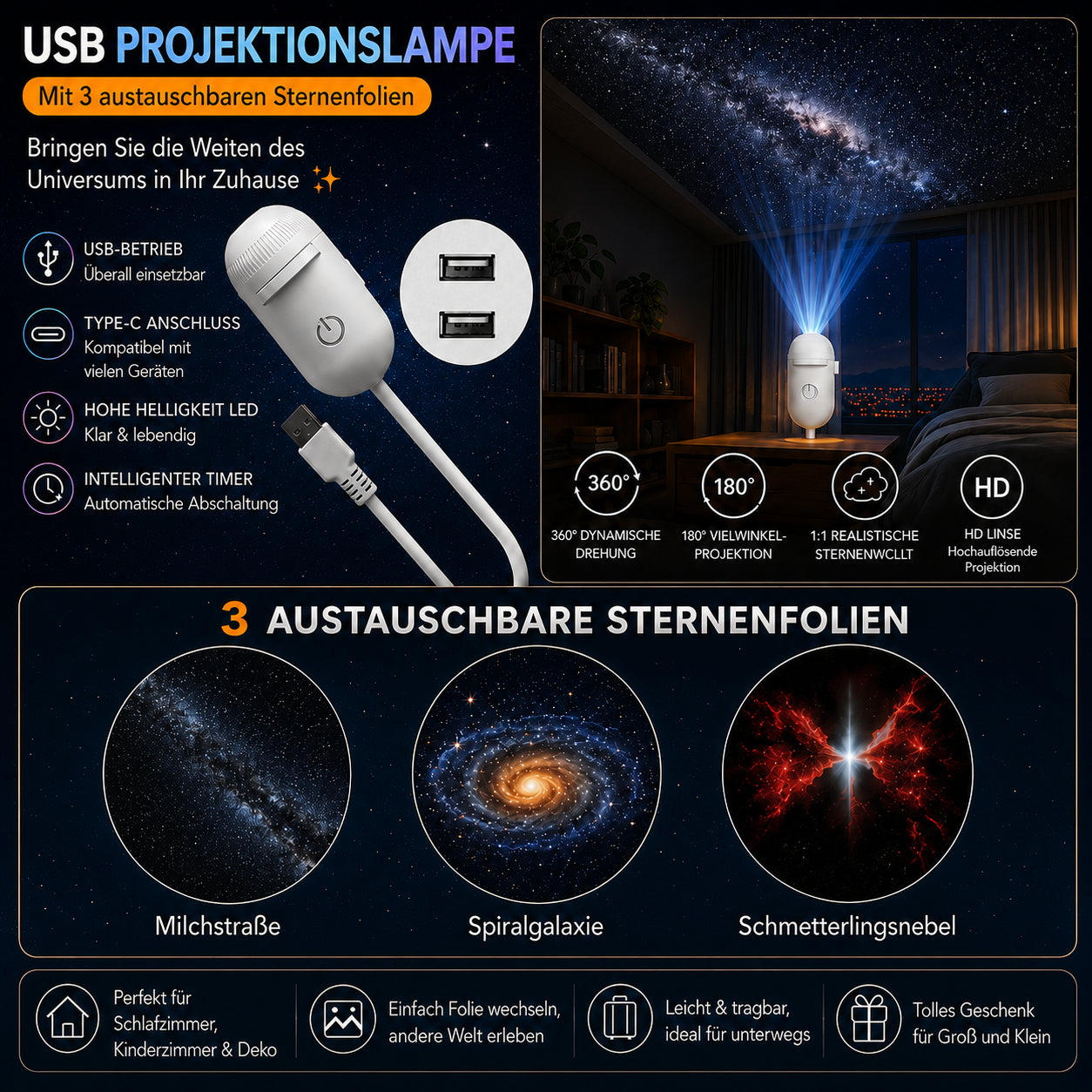 🔥Časovo obmedzená špeciálna ponuka so zľavou 50 % ✨Projekčná lampa 2 v 1 s hviezdnou oblohou: Otočte zasnívanú hmlovinu a vneste vesmír do svojej izby