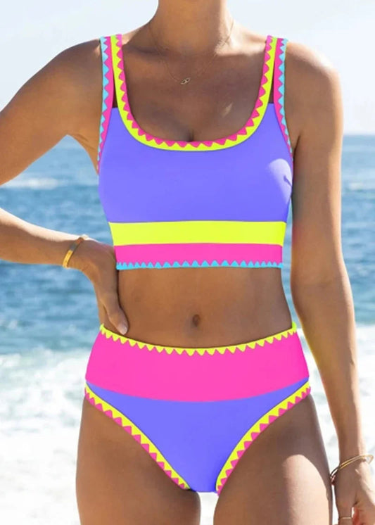 🔥🎁Novinka: 50 % ZĽAVA🔥🌼 Trojdielne športové bikiny z nylonu s farebnými blokmi – vysoký pás so zoštíhľujúcim efektom na brucho 👙