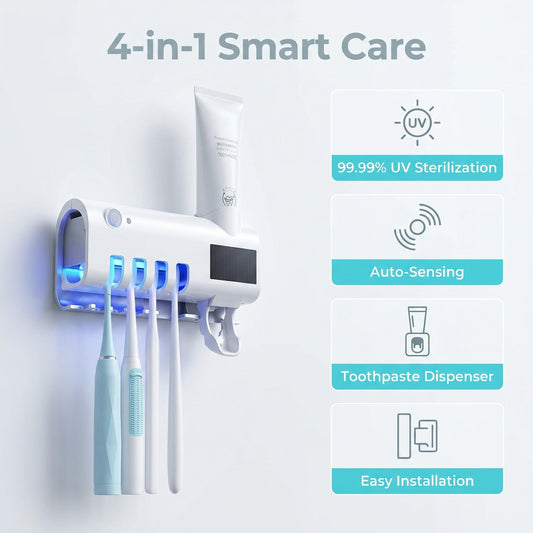 🦷Inteligentný sterilizátor zubných kefiek 4 v 1 | UV antibakteriálny senzor, automatické dávkovanie zubnej pasty, nástenný úložný priestor ✨