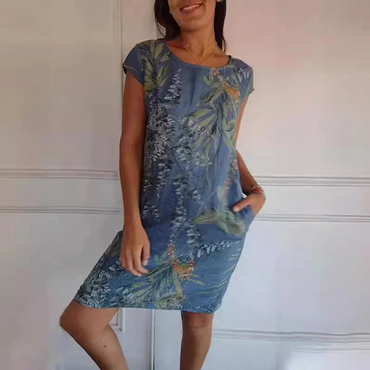 🌼Dámske bavlnené a ľanové šaty s okrúhlym výstrihom a potlačou