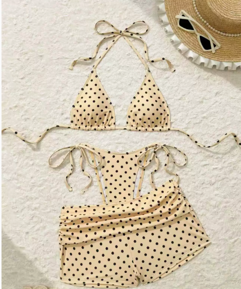 🎀Retro bodkovaná trojdielna plavky|Nastaviteľný ramienok okolo krku, vysoký pás pre zvýraznenie kriviek🌊