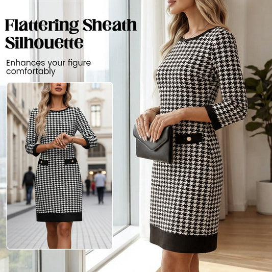 Dámske midi šaty s okrúhlym výstrihom a vzorom houndstooth