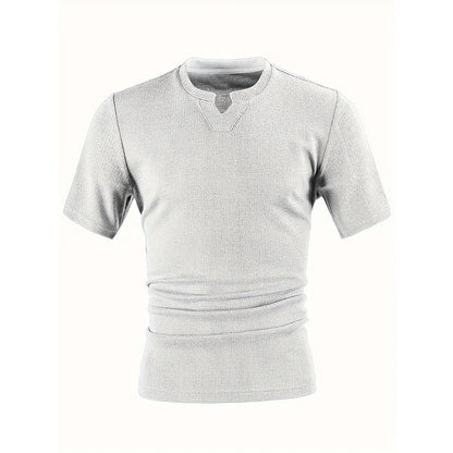 👔✨Pánske pletené tričko s krátkym rukávom a výstrihom do V, vysoká elasticita, úzky strih, štvorcestný rozparok – všestranný top vhodný na dochádzanie aj na bežné nosenie
