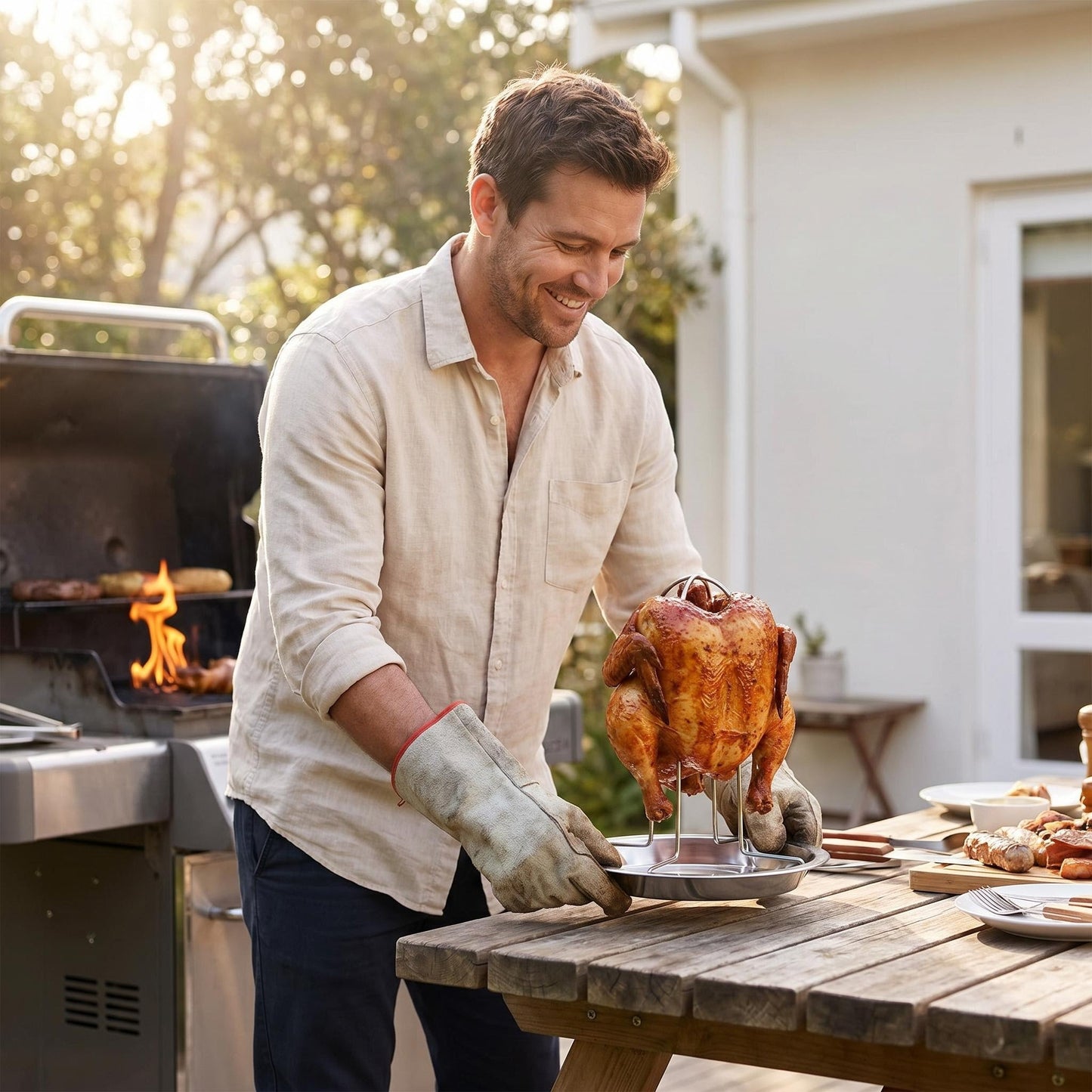 🍗🔥Vertikálny rošt na pečenie kurčiat z nehrdzavejúcej ocele 304 | S odkvapkávačom, udrží vašu rúru čistú, ideálny na doma aj na kempovanie, časovo obmedzená špeciálna cena