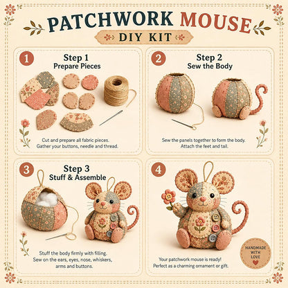 🐭🧵 Sada na patchworkovú myšku - šijacia sada pre začiatočníkov - kreatívna dekoratívna ozdoba