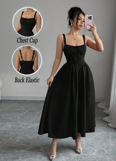 ✨Časovo obmedzená zľava 50%👗 Midi šaty s hranatým výstrihom a skladaným strihom, vysoký pás a zoštíhľujúca áčková sukňa