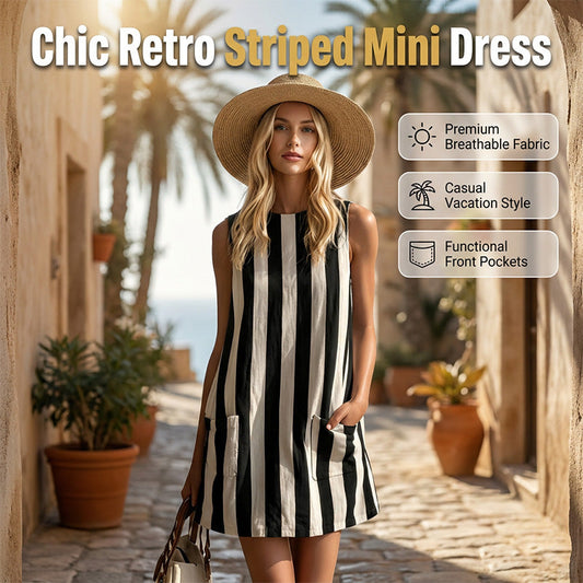 👗Retro pruhované šaty bez rukávov ｜Priedušné, voľný strih s vreckami, ideálne na dovolenku alebo domov✨