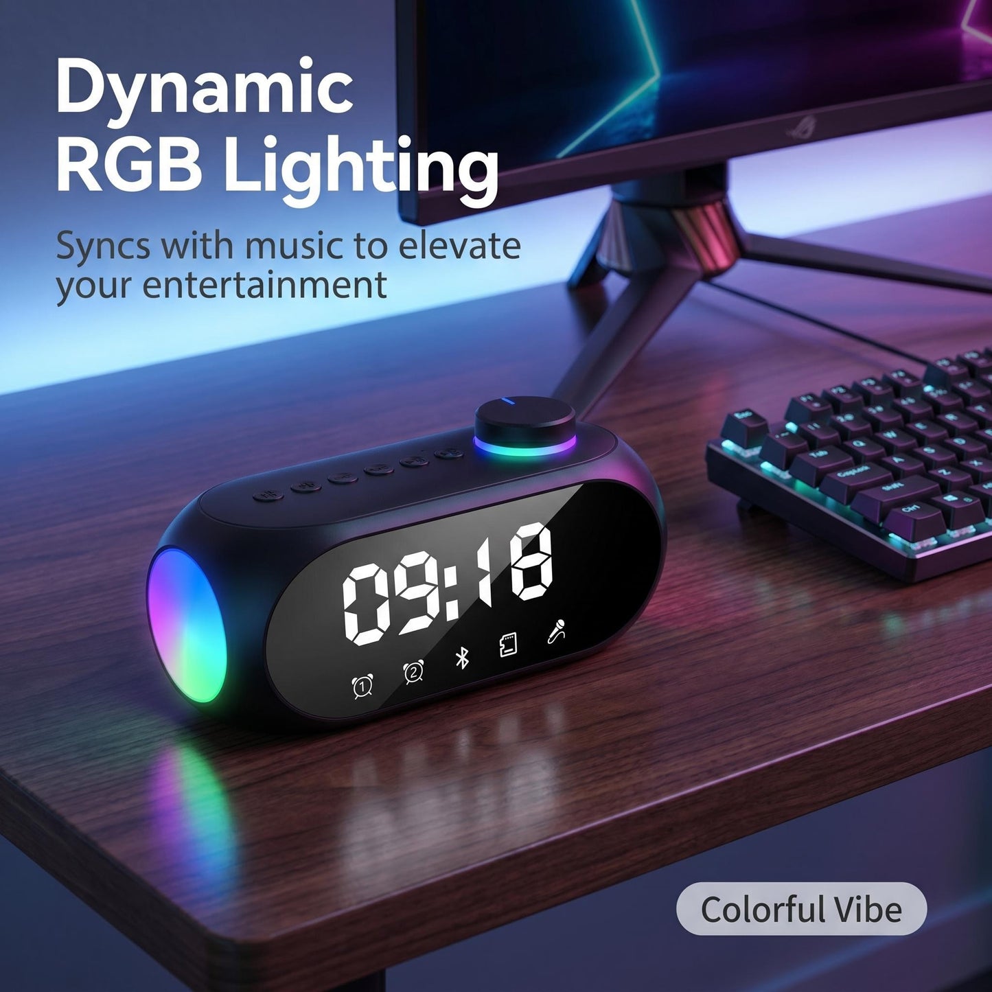 🔊4-v-1 Bluetooth reproduktor k posteli｜360° priestorový zvuk, RGB ambientné osvetlenie, stolový reproduktor s dvojitým budíkom🎵🌈