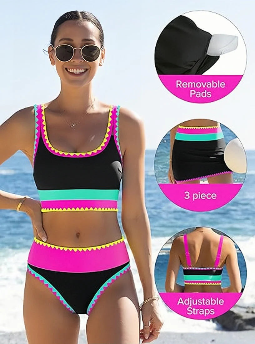 🔥🎁Novinka: 50 % ZĽAVA🔥🌼 Trojdielne športové bikiny z nylonu s farebnými blokmi – vysoký pás so zoštíhľujúcim efektom na brucho 👙