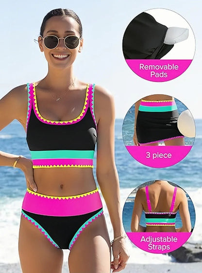 🔥🎁Novinka: 50 % ZĽAVA🔥🌼 Trojdielne športové bikiny z nylonu s farebnými blokmi – vysoký pás so zoštíhľujúcim efektom na brucho 👙