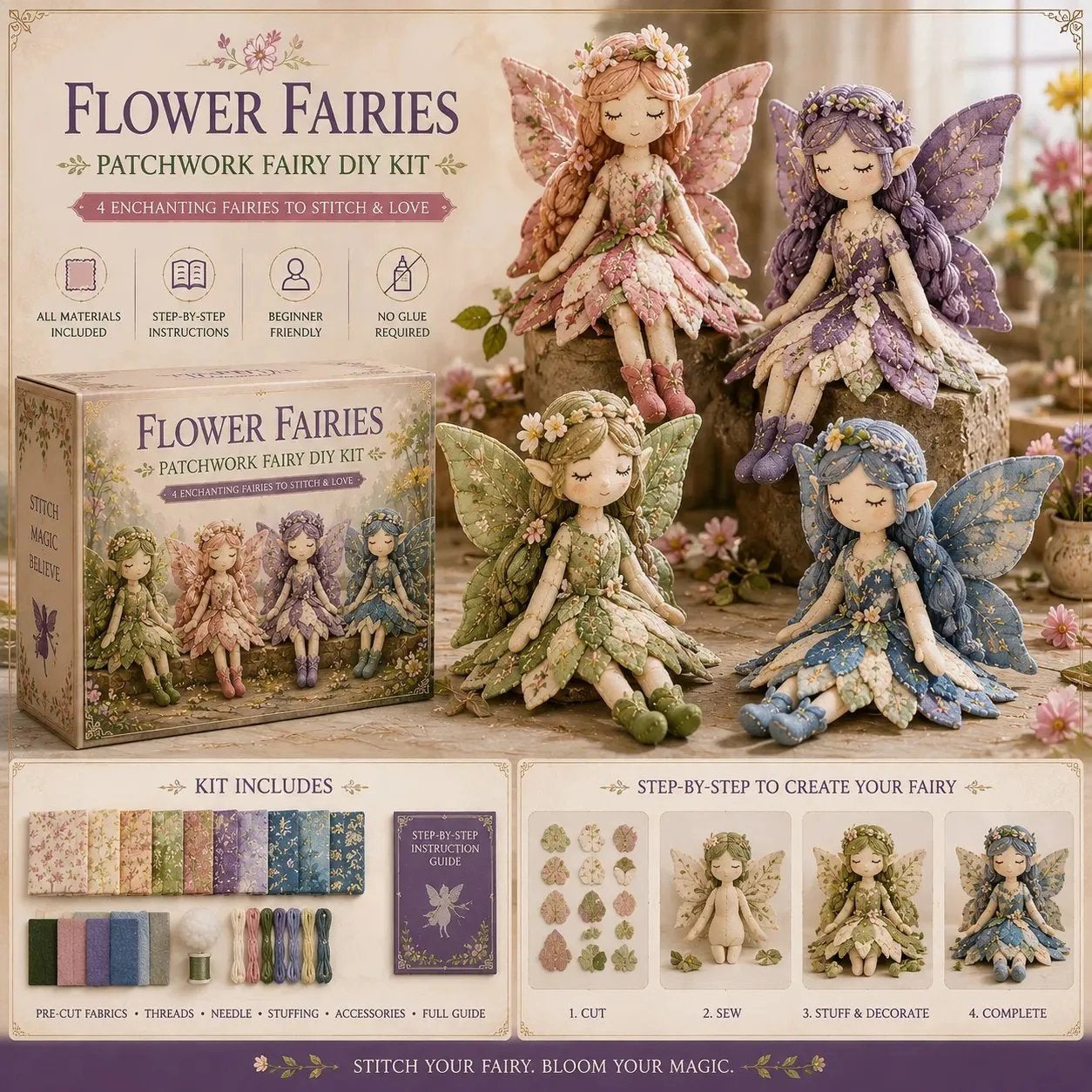 🧚Sada na šitie Fabric Fairy｜Kompletná sada materiálov pre začiatočníkov, taška na šitie bez lepidla🧵