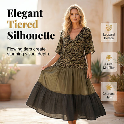 🌿Bohemian Tiered Maxi Dress 🐆 Leopard Splicing V-Neck Holiday Dress