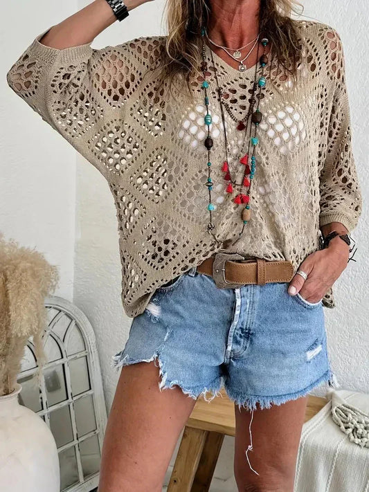 Dámske háčkované topy v štýle boho s výstrihom do V a výrezom