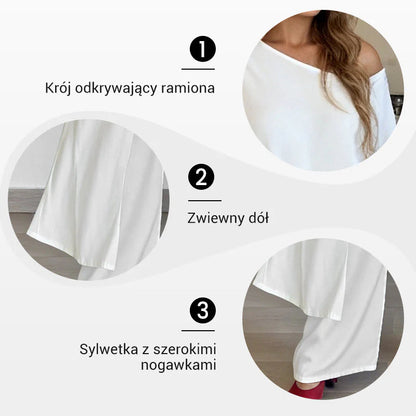 👗Jednofarebný top a nohavice s odhalenými ramenami