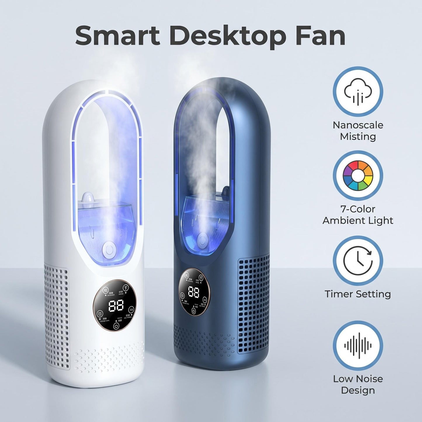 ❄Bezlopatkový rozprašovací stolový ventilátor｜Zvlhčovanie, chladenie, sedemfarebné nočné svetlo, 6-úrovňový širokouhlý model s časovačom🎉
