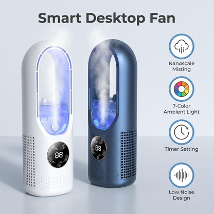 ❄Bezlopatkový rozprašovací stolový ventilátor｜Zvlhčovanie, chladenie, sedemfarebné nočné svetlo, 6-úrovňový širokouhlý model s časovačom🎉