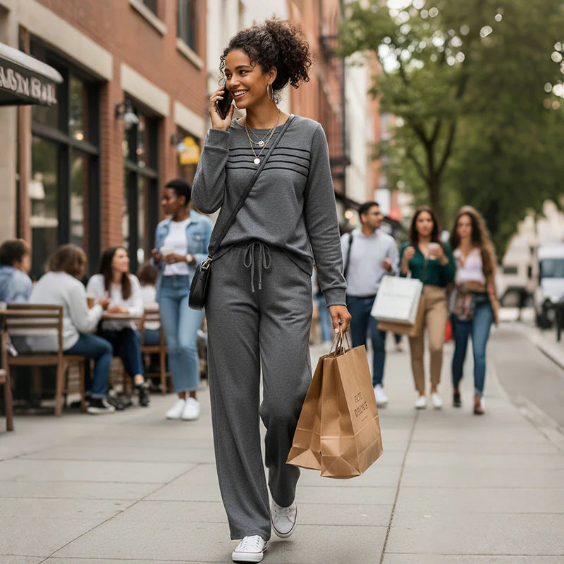 🔥Tvoj nový obľúbený outfit! 👗✨ Dámska súprava s blúzou s okrúhlym výstrihom a nohavicami so šnúrkou 🛋️☕