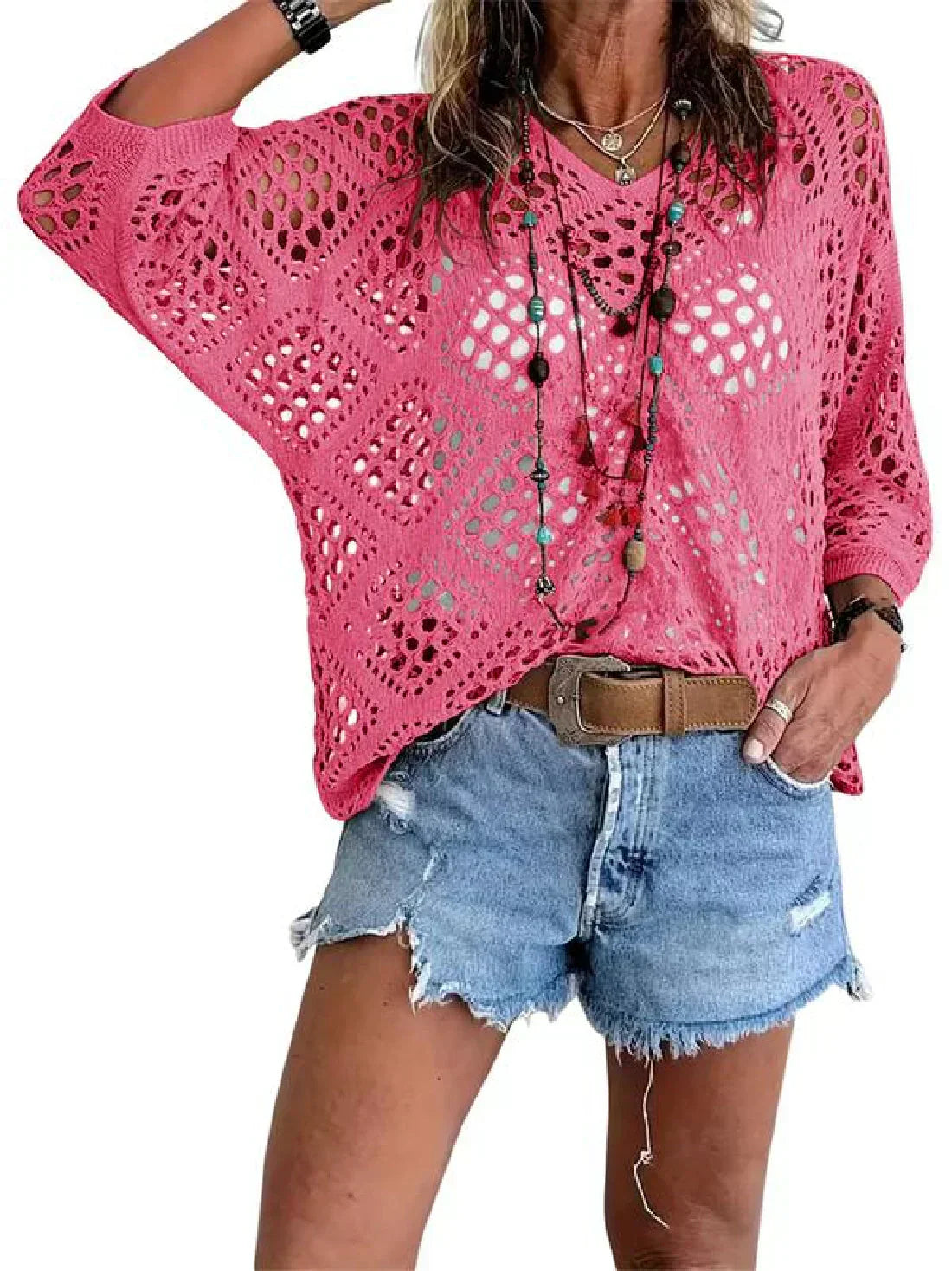 Dámske háčkované topy v štýle boho s výstrihom do V a výrezom