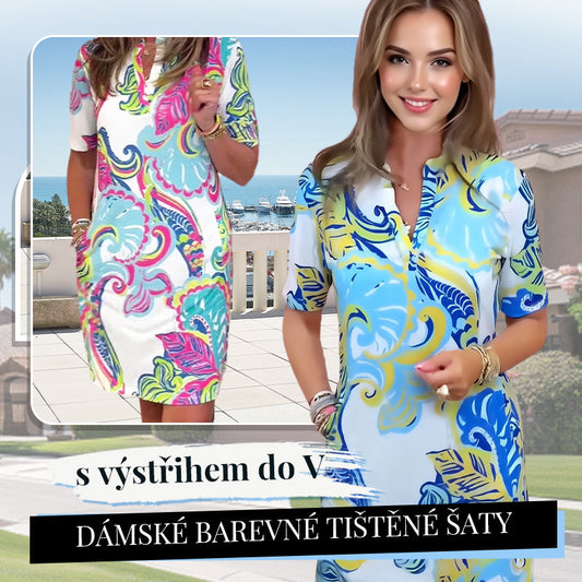 Dámske farebné tlačené šaty s výstrihom do V