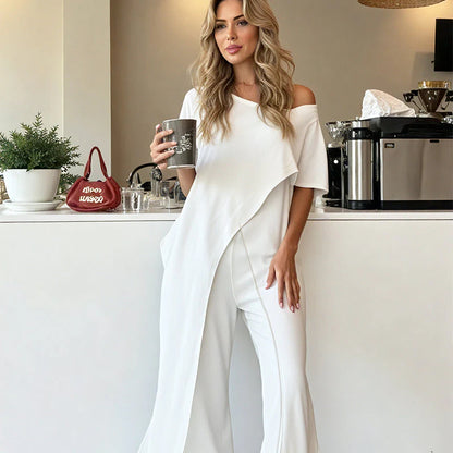 👗Jednofarebný top a nohavice s odhalenými ramenami