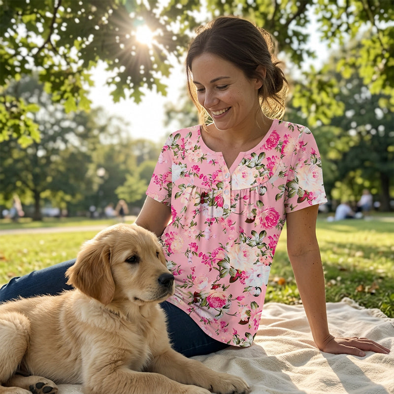 🌸👕 Francúzska košeľa s kvetinovým vzorom, výstrihom do V a gombíkmi | Voľná, priedušná dovolenková blúzka vo veľkých veľkostiach