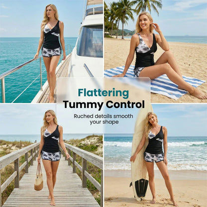 👙Súprava tankini s vysokým pásom a šortiek s tropickým vzorom🌴