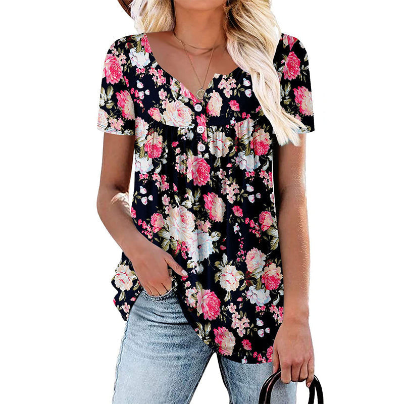 🌸👕 Francúzska košeľa s kvetinovým vzorom, výstrihom do V a gombíkmi | Voľná, priedušná dovolenková blúzka vo veľkých veľkostiach