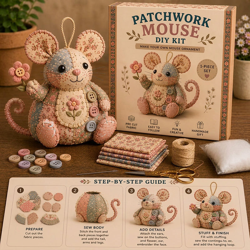 🐭🧵 Sada na patchworkovú myšku - šijacia sada pre začiatočníkov - kreatívna dekoratívna ozdoba