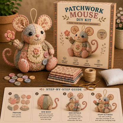 🐭🧵 Sada na patchworkovú myšku - šijacia sada pre začiatočníkov - kreatívna dekoratívna ozdoba
