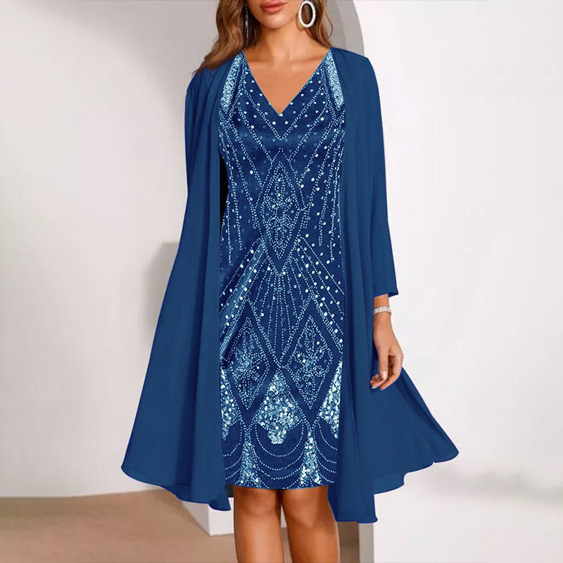 👗Dvojdielna súprava šifónových šiat s výstrihom do V a dlhého kardiganu, priedušná, lichotivá, dostupná vo viacerých veľkostiach, elegantné dámske oblečenie💐🩰