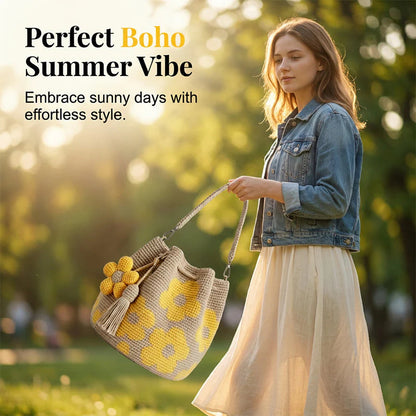 Časovno omejen 50 % popust 🧶 Ročno izdelana kvačkana torba z motivom sončnic, vsestranska poletna boemska torba za počitnice 🌻