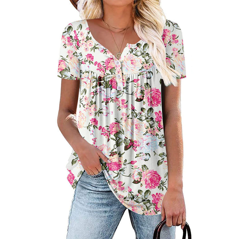 🌸👕 Francúzska košeľa s kvetinovým vzorom, výstrihom do V a gombíkmi | Voľná, priedušná dovolenková blúzka vo veľkých veľkostiach