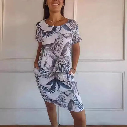 🌼Dámske bavlnené a ľanové šaty s okrúhlym výstrihom a potlačou