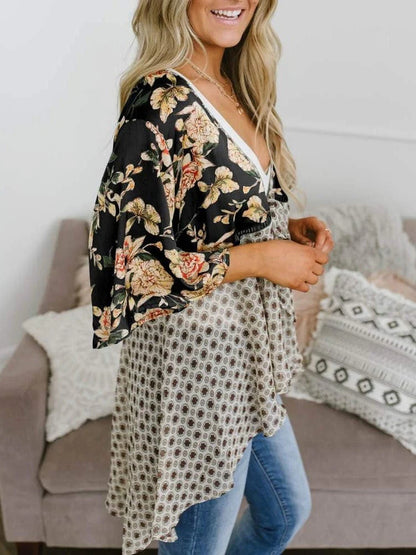 🌸Dámsky kardigán s kvetinovým vzorom, volánovými rukávmi a viazaním vpredu – vzdušné, voľné oblečenie v štýle boho