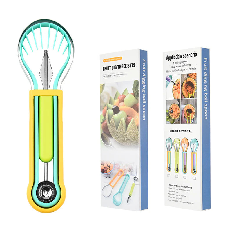🍉 Posuňte prípravu ovocia na novú úroveň – multifunkčná sada 3 v 1 s lyžičkou na melón a vyrezávacím nožom! ✨