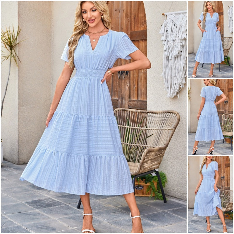 👗Dámske ľahké šaty s krátkym rukávom, výstrihom do V a elastickým pásom