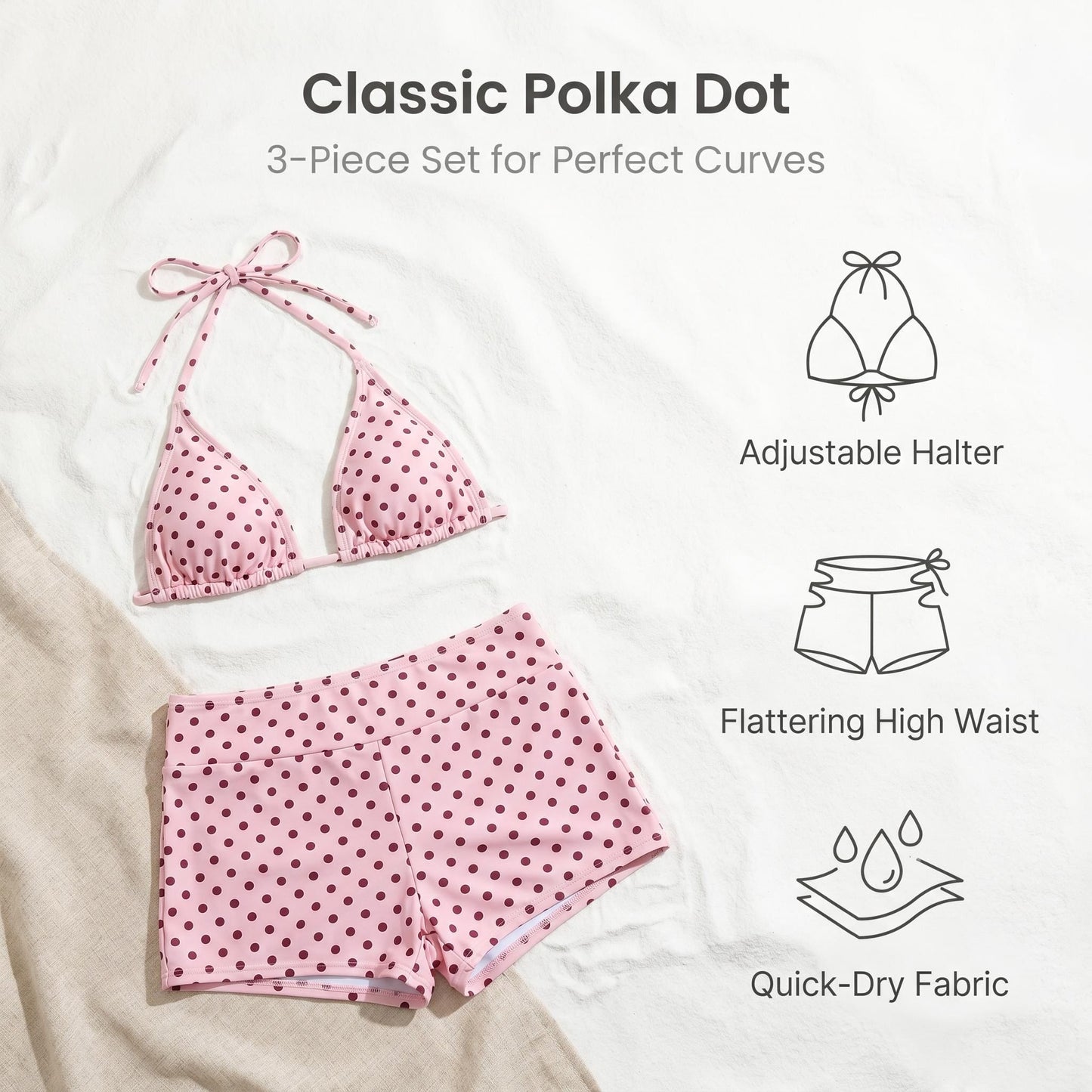 🎀Retro bodkovaná trojdielna plavky｜Nastaviteľný ramienok okolo krku, vysoký pás pre zvýraznenie kriviek🌊