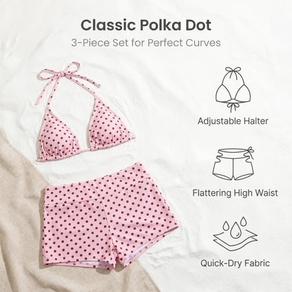 🎀Retro bodkovaná trojdielna plavky｜Nastaviteľný ramienok okolo krku, vysoký pás pre zvýraznenie kriviek🌊