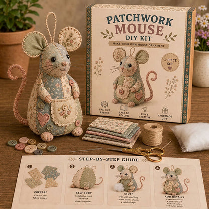 🐭🧵 Sada na patchworkovú myšku - šijacia sada pre začiatočníkov - kreatívna dekoratívna ozdoba