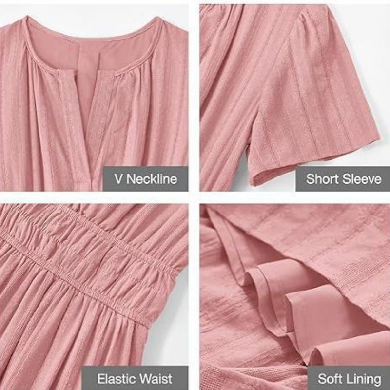👗Dámske ľahké šaty s krátkym rukávom, výstrihom do V a elastickým pásom