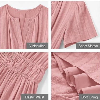 👗Dámske ľahké šaty s krátkym rukávom, výstrihom do V a elastickým pásom