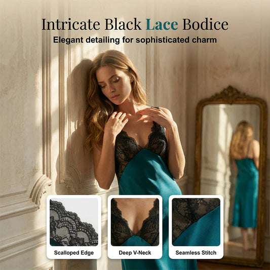 🖤Šatové šaty s francúzskou čipkou a výstrihom do V｜Hodvábne dlhé šaty, ktoré vytvárajú jemnú a útulnú domácu atmosféru✂️