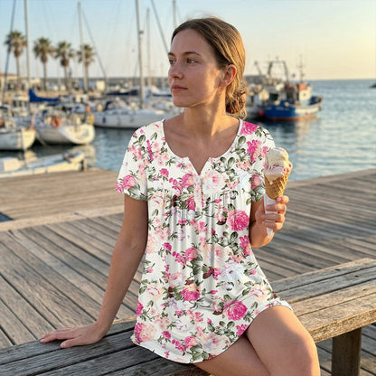 🌸👕 Francúzska košeľa s kvetinovým vzorom, výstrihom do V a gombíkmi | Voľná, priedušná dovolenková blúzka vo veľkých veľkostiach