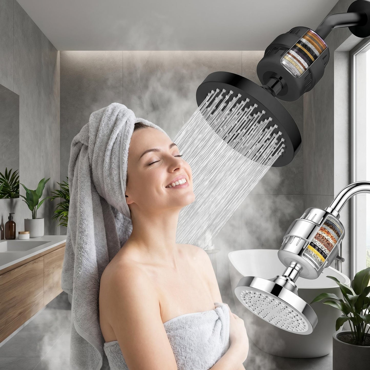 💧20-vrstvová sprchová hlavica s filtráciou vody｜5 nastavení prietoku vody pre zlepšenie tvrdej vody a starostlivosti o pokožku🚿