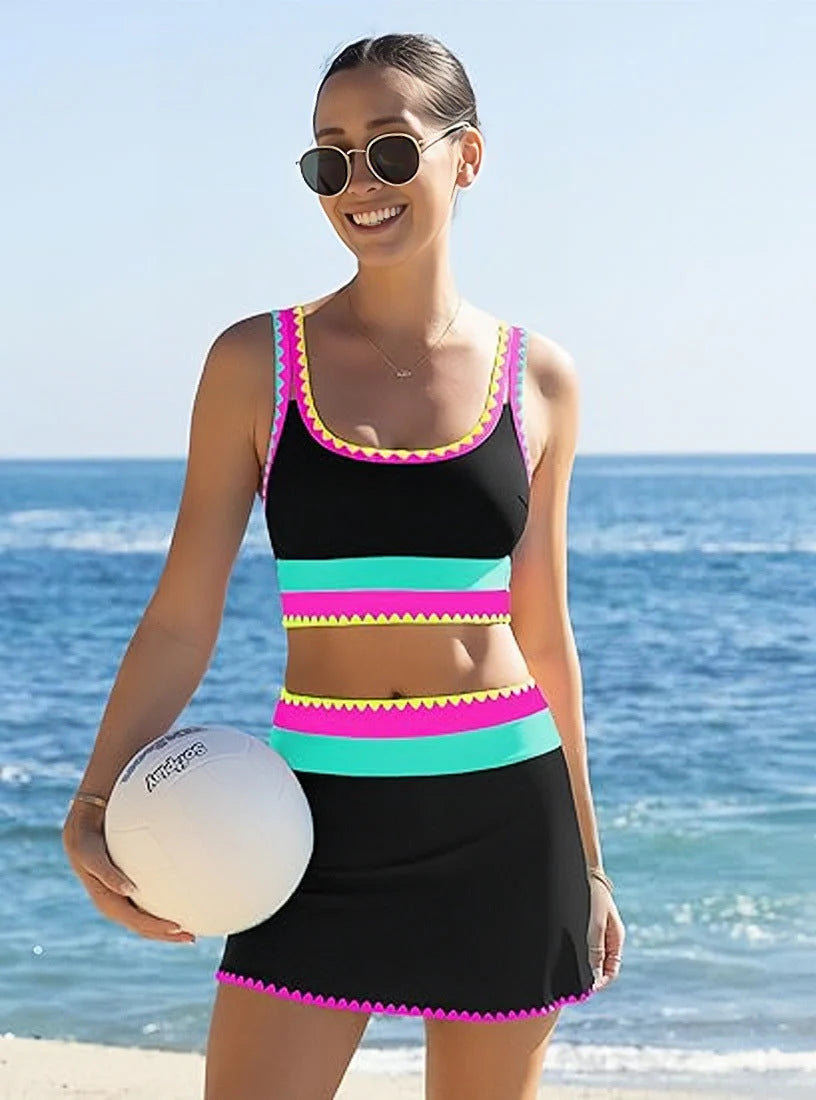🔥🎁Novinka: 50 % ZĽAVA🔥🌼 Trojdielne športové bikiny z nylonu s farebnými blokmi – vysoký pás so zoštíhľujúcim efektom na brucho 👙