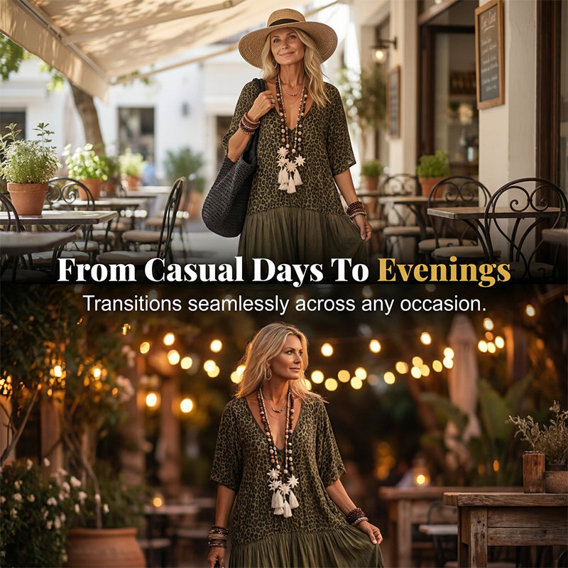 🌿Bohemian Tiered Maxi Dress 🐆 Leopard Splicing V-Neck Holiday Dress