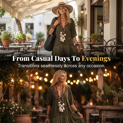 🌿Bohemian Tiered Maxi Dress 🐆 Leopard Splicing V-Neck Holiday Dress