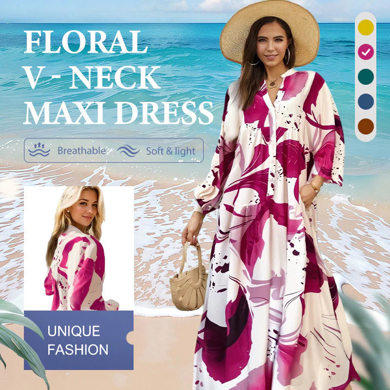 👗Dámske kvetinové maxi šaty s výstrihom do V