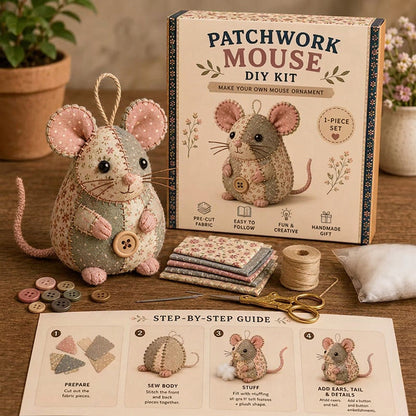 🐭🧵 Sada na patchworkovú myšku - šijacia sada pre začiatočníkov - kreatívna dekoratívna ozdoba